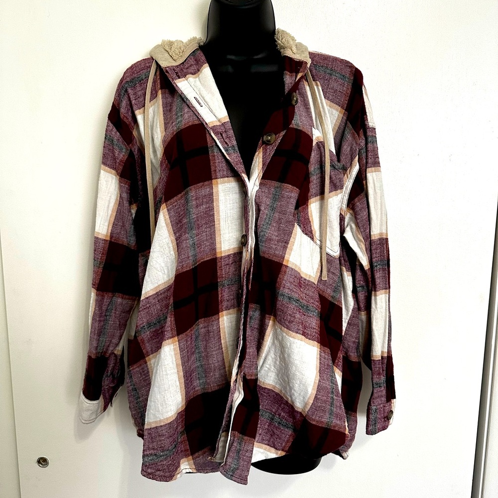 maurices Flannel “shacket” with Sherpa-lined hood 2x